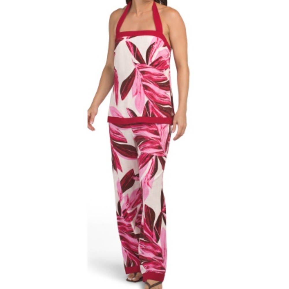 White Closet Elements Floral Linen 2 Piece Halter Top Wide Leg Pants Set XL